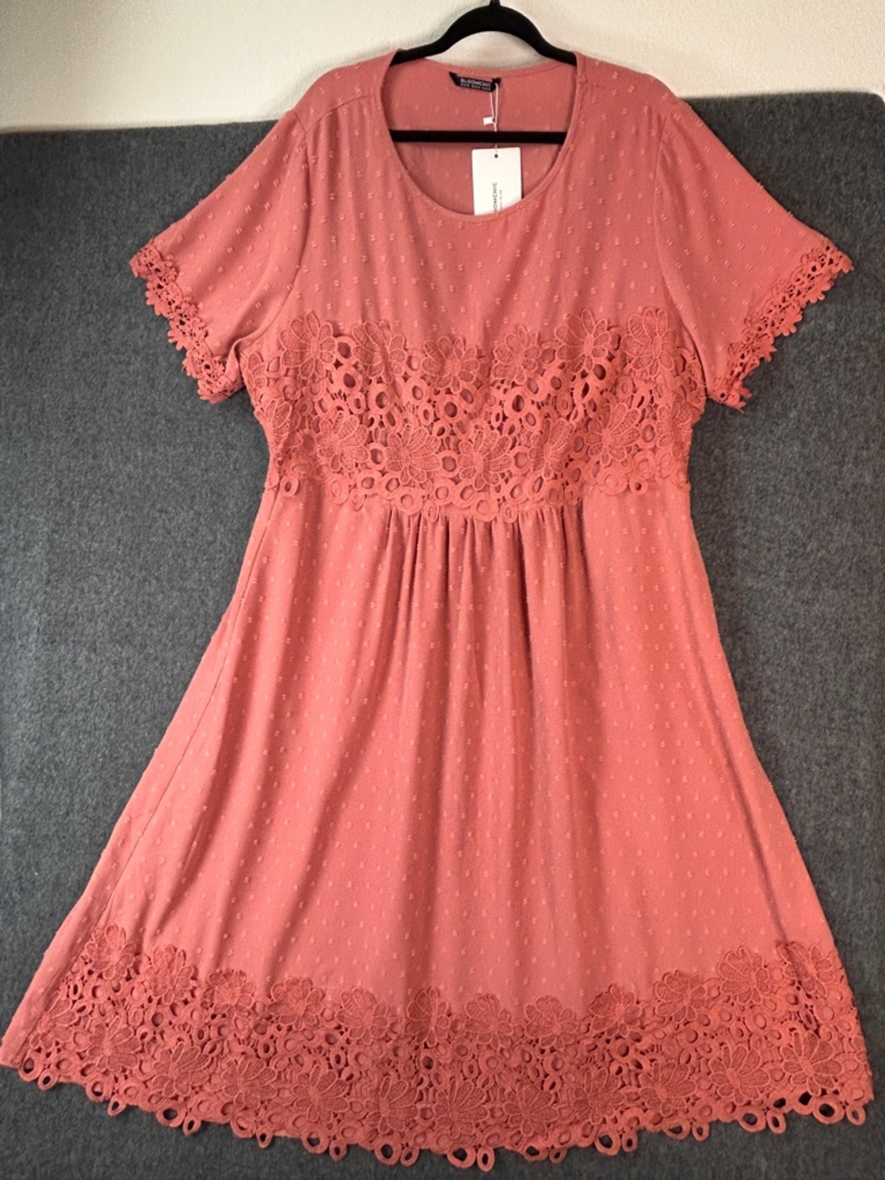 BloomChic Coral Lace Trim Short Sleeve Dress